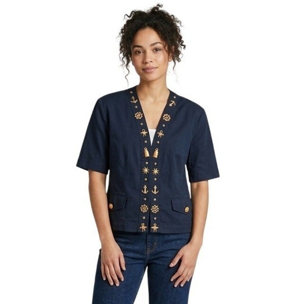 Mondi Women's Size 42 Navy Blue Short Sleeve Gold Anchor Nautical Charm Jacket